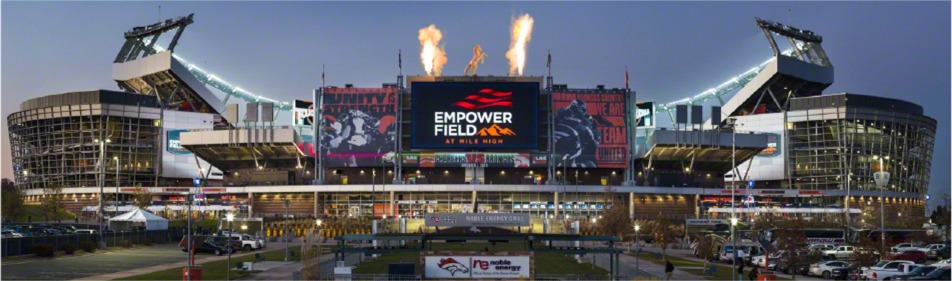 Outside Empower Field at Mile High Stadium, home of the Denver Broncos.