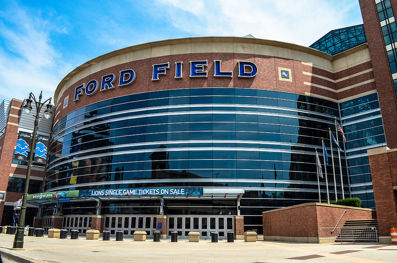 Outside Ford Field, home of the Detroit Lions