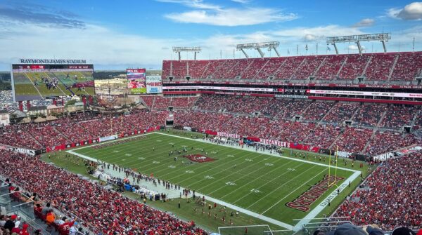 View of the playing field at Raymond James Stadium, home of the Tampa Bay Buccaneers